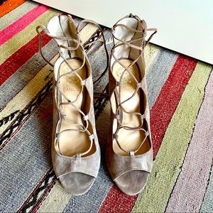 Vince Camuto gray suede lace-up heels, size 8.5